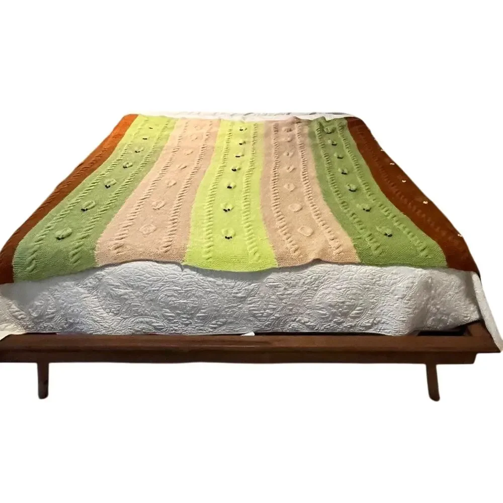 Vintage Blanket Bedspread Crochet Granny Cable Knit Multicolor Fall Cozy Hygge